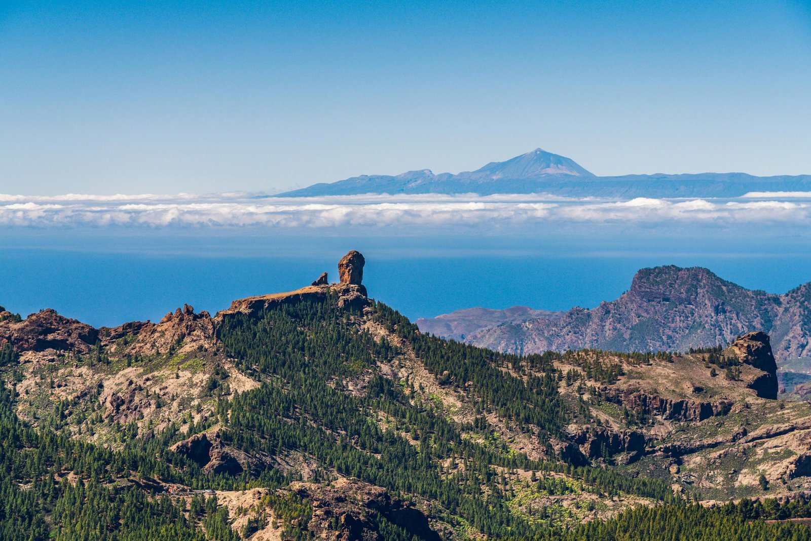 a wonderful panoramic view from pico de las nieves with roque nublo in front and el teide right behind it